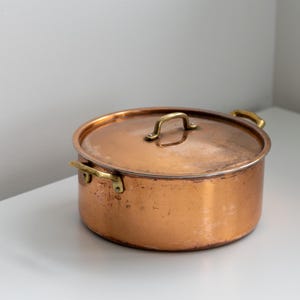 Copper Saucepot with Lid & Brass Handles, Vintage Kitchen