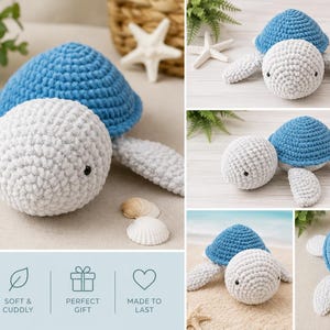May include: A crochet sea turtle plush toy featuring a textured white head and flippers paired with a bright blue rounded shell. The toy has small black bead eyes and is displayed in multiple angles, including views from the side and top.