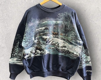 Vintage Art Unlimited winter wonderland nature graphic sweatshirt with river and deer Full print