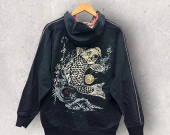 Vintage japonés tradicional Sukajan Koi sudadera con capucha cremallera completa tamaño 2L