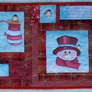 Snowman Table Runner or Wall Hanging Patchwork with Hand Painted Blocks Wallhanging