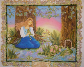 Fairy Tale Art Quilt Wall Hanging  Hand Painted "Proceed with Caution" Frog Prince Free Shipping Gayle Pulley