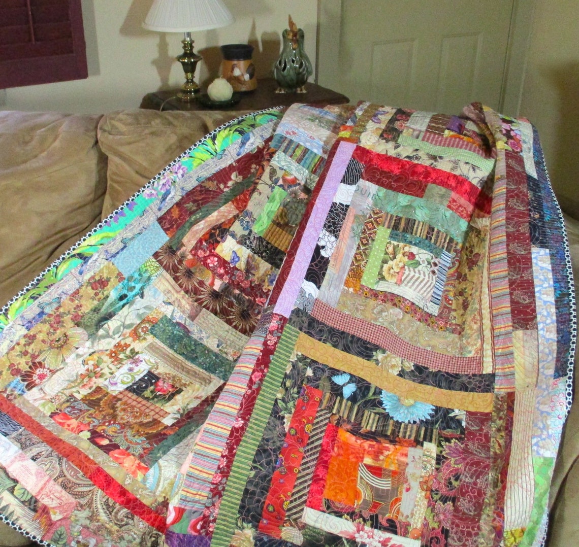 Log Cabin Patchwork Quilt / Large Scrap Quilt / Lap Size / Art Etsy