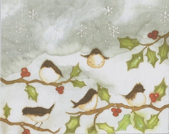 Chic-a-dee Quilt Block,  Spoonflower Print of My Hand Painted Little Birds with Holly and Berries