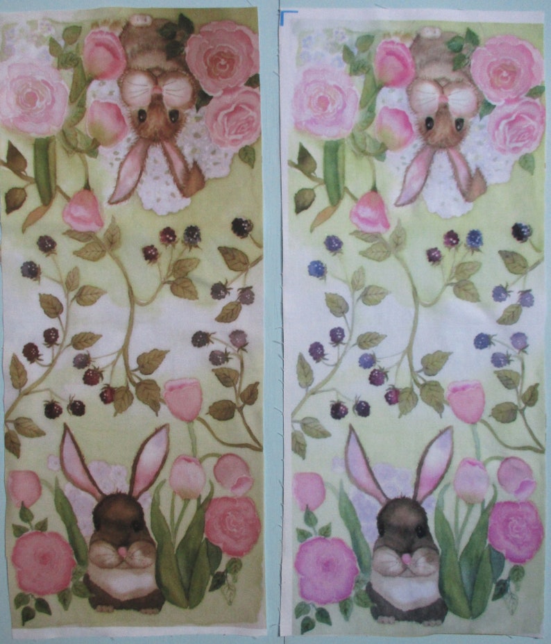May include: Two fabric panels with a watercolor design featuring bunnies, pink roses, tulips, and blackberries. The bunnies have long ears and are surrounded by flowers and foliage. The color palette includes shades of pink, green, and brown.