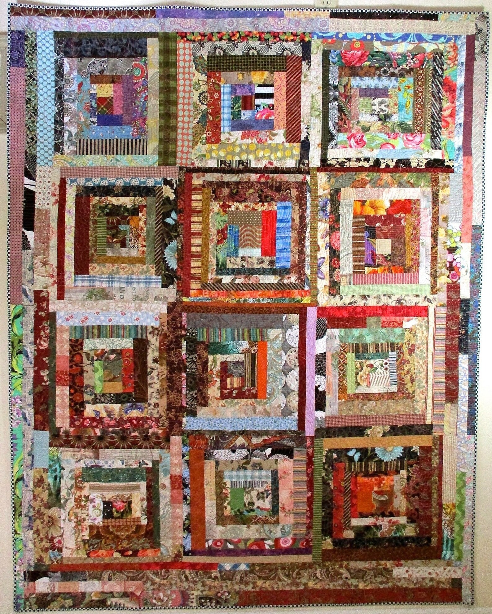 Log Cabin Patchwork Quilt / Large Scrap Quilt / Lap Size / Art Quilt With Hanging Sleeve