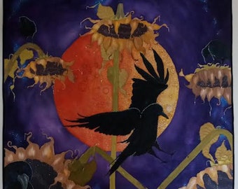 Crows Art Quilt Wall Hanging  Hand Painted "Fab Four Crows"  Gayle Pulley