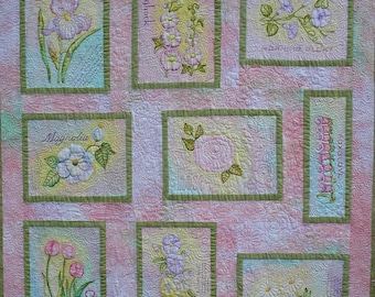 Art Quilt Wall Hanging Hand Painted Flower Blocks  "The Painted Garden"