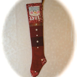 Christmas Stocking with Hand Painted Snowman Red Patchwork