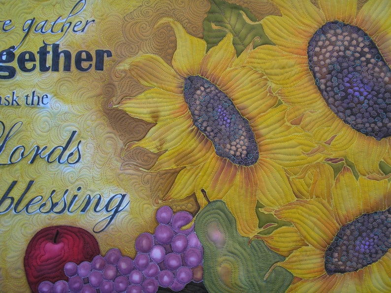 Thanksgiving Sunflower Wall Hanging Hand Painted Art Quilt We Gather Together to Ask the Lord's Blessing image 2