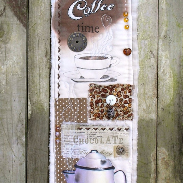 Quilted Coffee Wall Hanging Shabby Chic Hand Painted Art Quilt