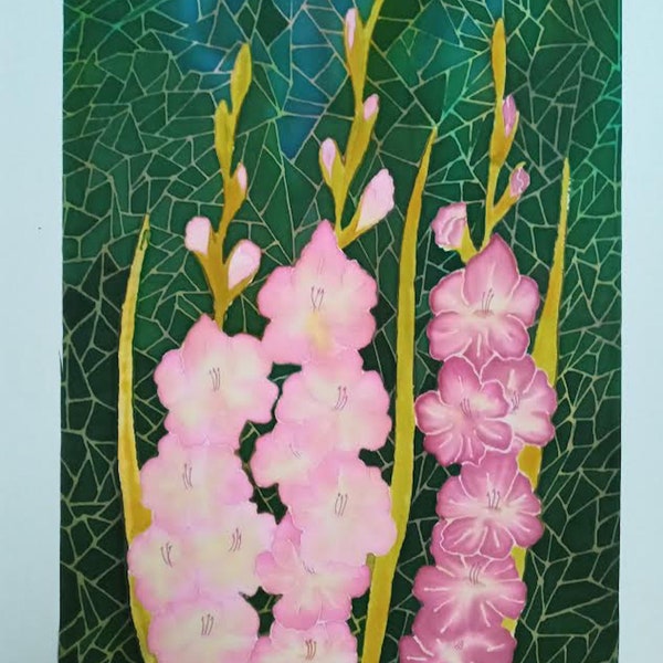 Pink Gladiolus painted Cotton Quilt Panel 14" x 21.5"