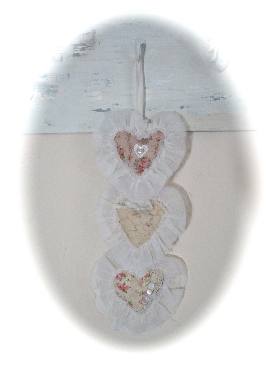 3 Pink Heart Ornaments Shabby Chic Print Lacey Victorian Etsy