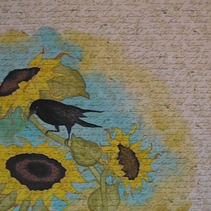 Hand Painted Crow and Sunflowers on Timeless Treasures Script Fabric  Quilt Block  Fabric Panel