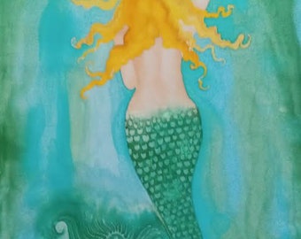 Mermaid Hand painted Cotton Quilt Panel 14" x 27"