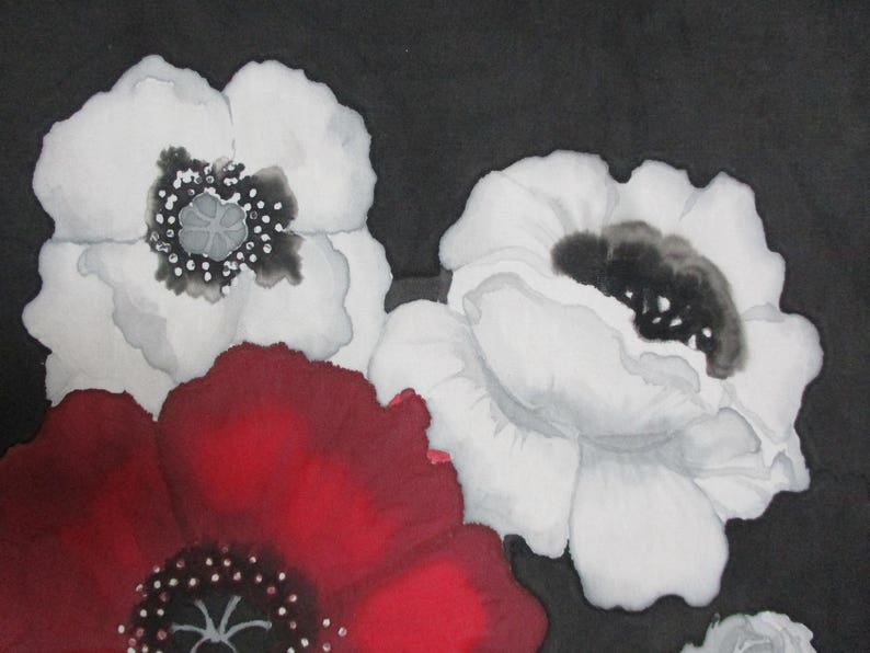 Hand Painted Fabric Red and White Poppies Panel Quilt Block on Cotton ...