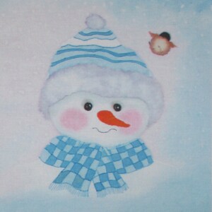 May include: A blue and white striped hat with a fluffy white pom pom sits on top of a snowman's head. The snowman has a red nose, rosy cheeks, and a blue and white checkered scarf. The background is a light blue with white snowflakes.
