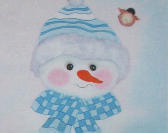 Blue Snowman With Chickadee Quilt Block  a Print Of My Hand Painted Design Spoonflower Print