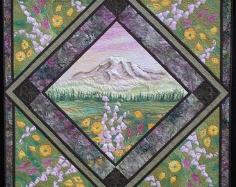 Mt. Rainier Art Quilt / Wall Hanging Hand Painted Fiber Art / Quiltsy Handmade