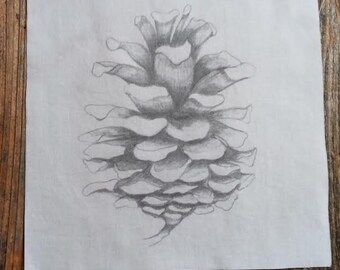 Pine Cone Fabric Print: Hand-Painted Gray Cotton Quilt Block (8.5")