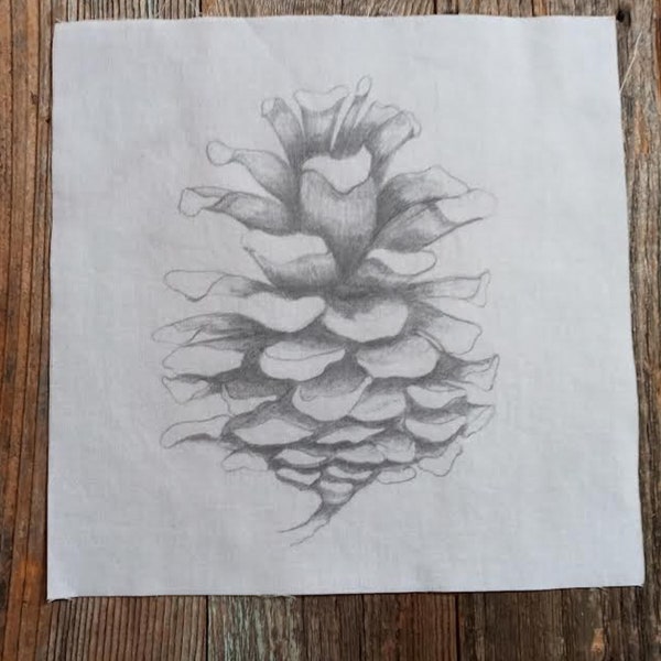 Pine Cone Fabric Spoonflower Print of Hand Painted Pine Cone on 100% Cotton 8.5" Quilt Block Gray Color