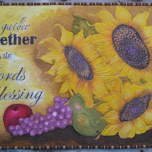 Thanksgiving Sunflower Wall Hanging Hand Painted Art Quilt We Gather Together to Ask the Lord's Blessing image 1