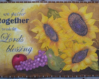 Thanksgiving Sunflower Wall Hanging Hand Painted Art Quilt "We Gather Together to Ask the Lord's Blessing"