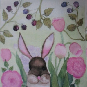 May include: Watercolor painting of a brown and white bunny with pink-lined ears, nestled among pink roses, tulips, and green foliage. Dark purple berries and leaves are scattered throughout the background. The overall theme is spring and nature.