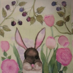 May include: Watercolor painting of a brown and white bunny with pink-lined ears, nestled among pink roses, tulips, and green foliage. Dark purple berries hang from vines in the background, set against a light green backdrop.