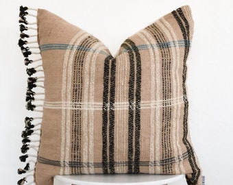 Wool Tan Bhujodi Pillow Cover with Fringe | 24 x 24 | Plaid | Stripe | Home Decor | Hand-loomed | Brown | Ivory | Blue