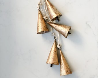 Gold Rustic Cone Shaped Bells | Wreath Hanger | Christmas Holiday Decor