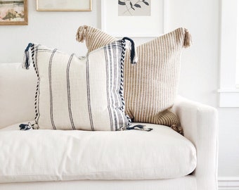 Striped Pillow Cover with Tassels | Cream and Navy | Textured Braided | Plaid | Neutral | 20 x 20