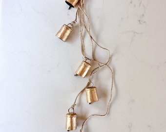 Gold Rustic Bells | Wreath Hanger | Christmas Holiday Decor | 6 Bell Cluster