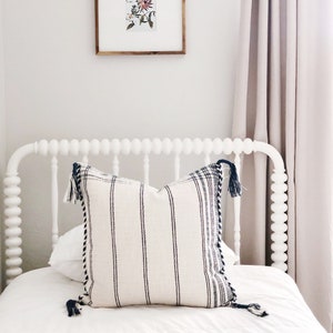 Striped Pillow Cover with Tassels Cream and Navy Textured Braided Plaid Neutral 20 x 20 image 3