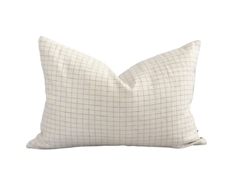 Ivory and Grey Grid Pillow Cover | Windowpane | Linen | 18 x 18 | 14 x 19 lumbar