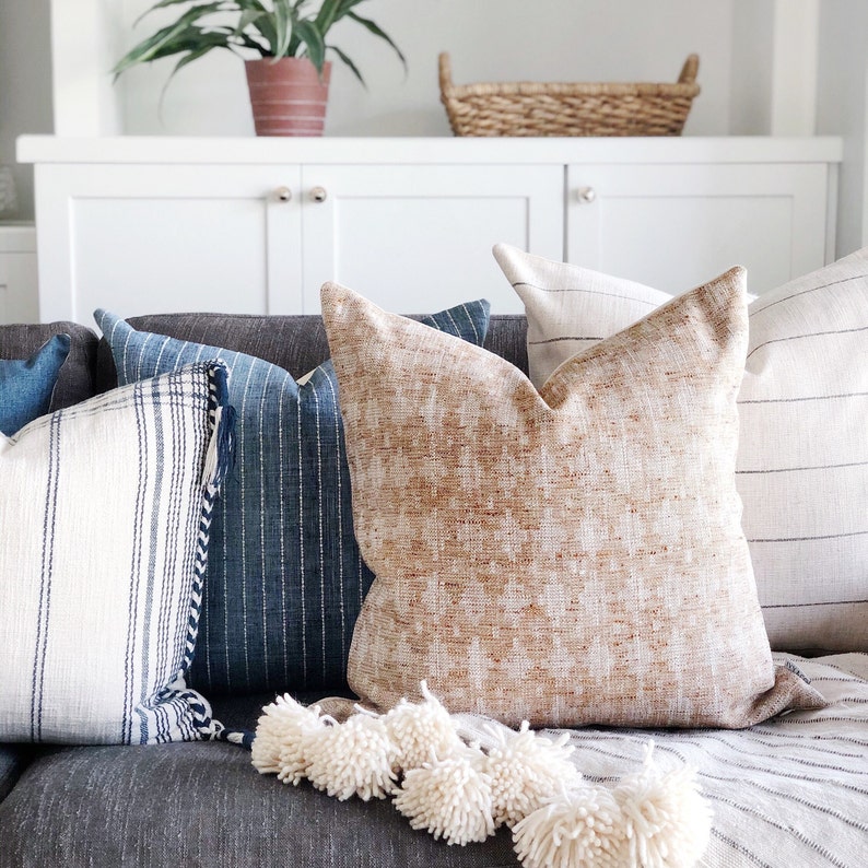 Striped Pillow Cover with Tassels Cream and Navy Textured Braided Plaid Neutral 20 x 20 image 5