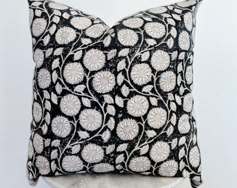 Black Floral Pillow Cover | Block Print | Charcoal and Ivory | 22 x 22 | 12 x 24 | Home Decor