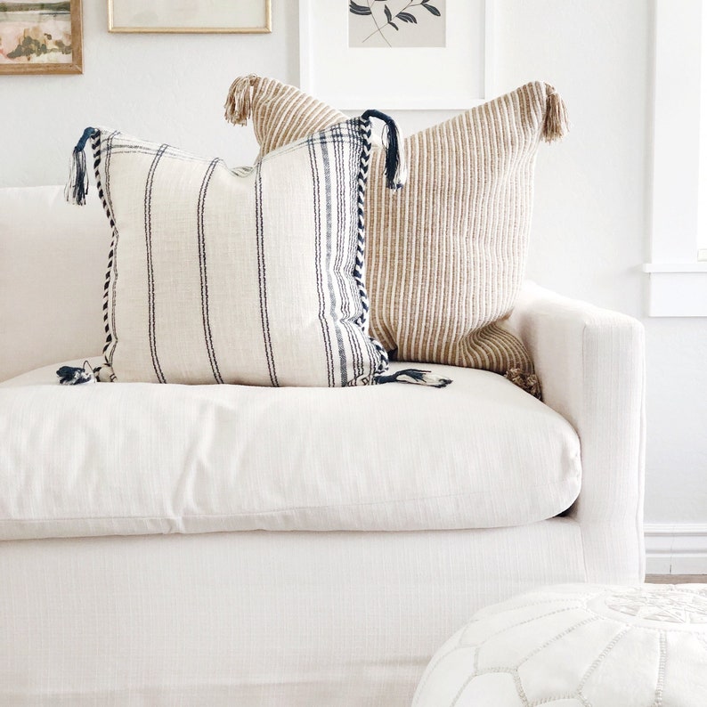 Striped Pillow Cover with Tassels Cream and Navy Textured Braided Plaid Neutral 20 x 20 image 1