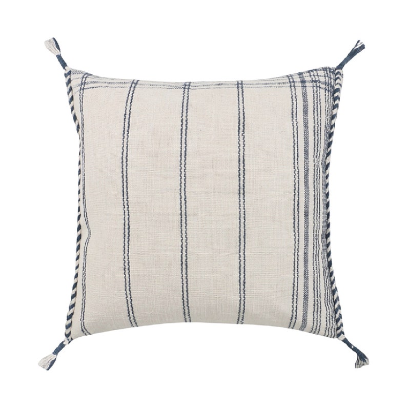 Striped Pillow Cover with Tassels Cream and Navy Textured Braided Plaid Neutral 20 x 20 image 2