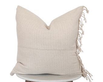 Natural Ivory Cotton Pillow Cover with Fringe | 22 x 22 | Home Decor