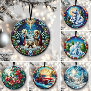 Plus de 20 ornements de Noël ronds festifs au format PNG, lot de Png d'ornements de Noël vintage, motifs pour sublimation de vitrail, téléchargement immédiat