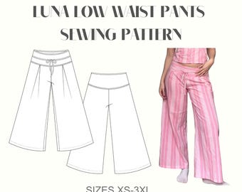 Modello di cucito per pantaloni a vita bassa Luna / Modello di cucito digitale in PDF / Scarica / Taglie XS-XXXL / Pantaloni a vita bassa con pieghe e lacci