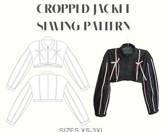Modello di cucito per giacca corta con nastro sbieco e fiocchi / Modello di cucito digitale in PDF / Scarica / Taglie dalla XS alla XXXL / Giacca Bolero