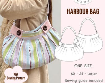 May include: A Harbour Bag sewing pattern featuring a multi-colored striped fabric with pink accents and two large dark brown buttons. The image includes a line drawing of the bag, the text PDF Sewing Pattern, A0, A4, Letter, and Video Tutorial.