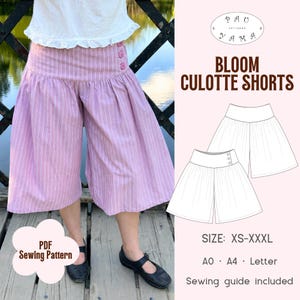 May include: Pink and white striped culotte shorts featuring a high waistband and three pink buttons on the side. The image includes text reading Bloom Culotte Shorts, PDF Sewing Pattern, and size range XS-XXXL with A0, A4, and Letter format options.