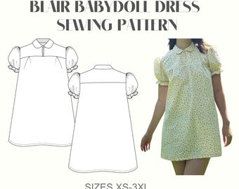 Cartamodello per abito babydoll Blair / Cartamodello PDF digitale / Scarica / Taglie XS–XXXL / Abito ampio con colletto e maniche a sbuffo