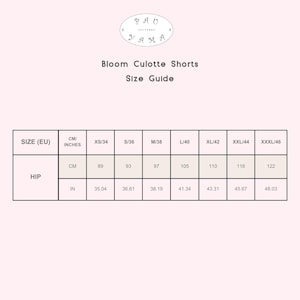 May include: A size guide chart for Bloom Culotte Shorts by Pau Yama Patterns. The table displays EU sizes from XS/34 to XXXL/46, listing corresponding hip measurements in both centimeters and inches, ranging from 89 cm to 122 cm and 35.04 to 48.03 inches.