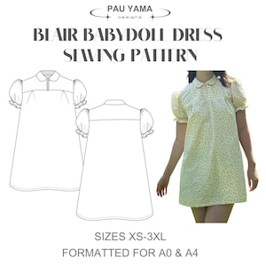 Blair Babydoll Dress Sewing Pattern | Digital PDF Pattern | Download | Sizes XS–XXXL | Loose-Fit Dress with Collar and Puff Sleeves