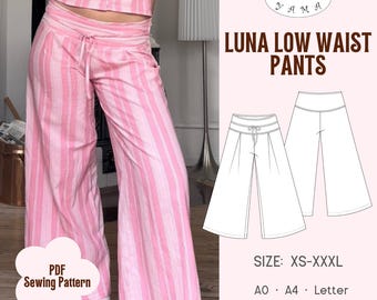 Luna Low Waist Pants Sewing Pattern | Pleats | Tie String (Digital PDF)