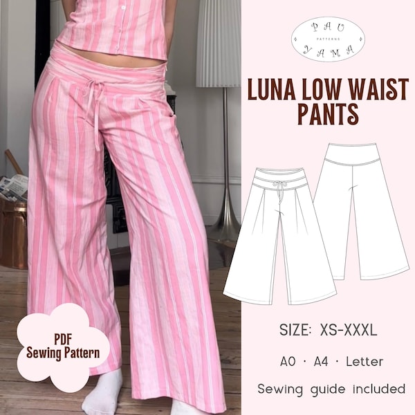 Luna Low Waist Pants Sewing Pattern | Pleats | Tie String (Digital PDF)